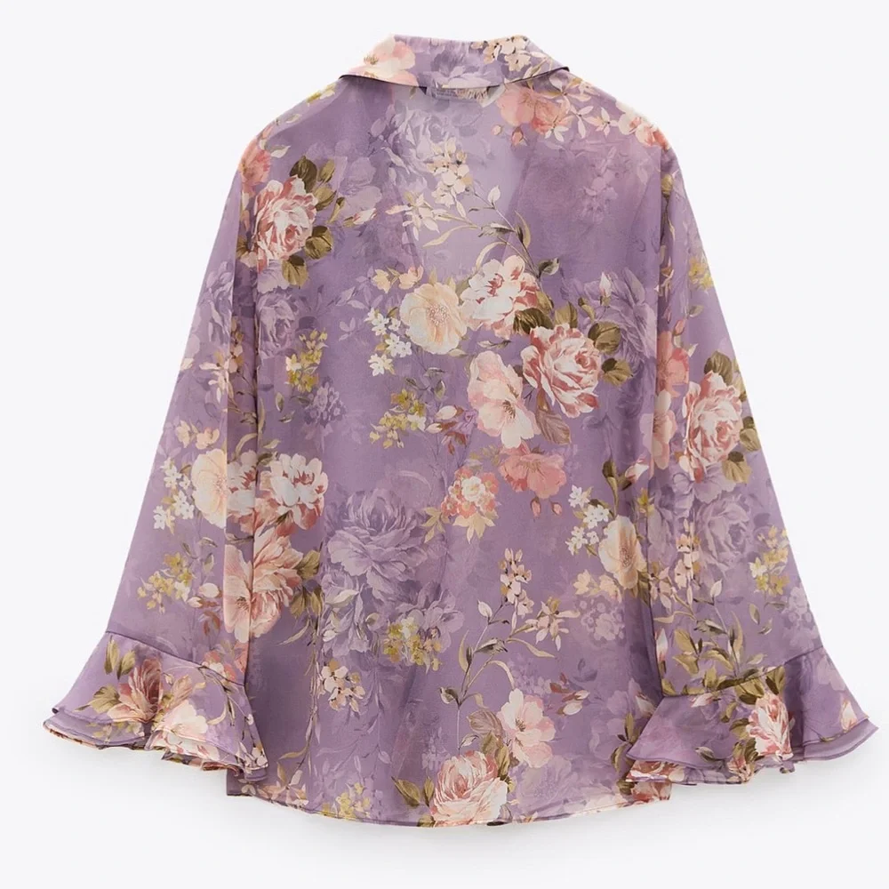 ZARA 2 Pieces Satin Finish Skirt L Ruffle Blouse M - Picture 4 of 8
